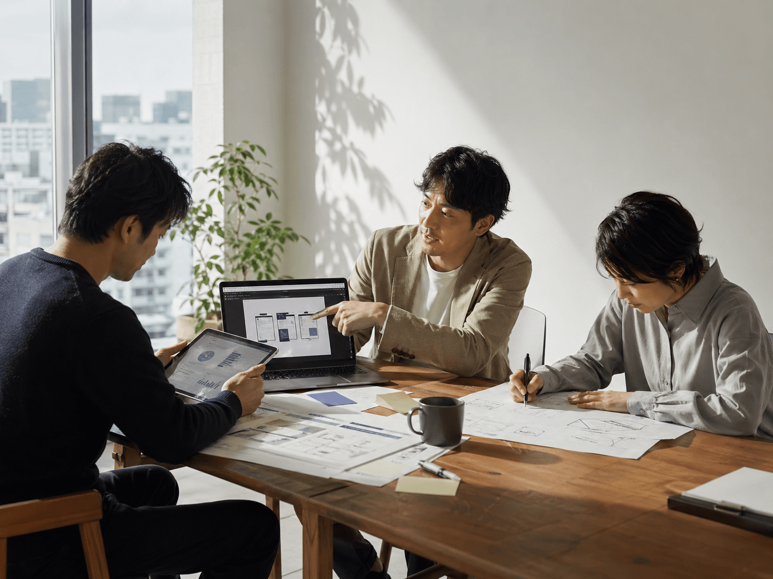 3つのソリューション(Web制作・LP制作・SEOコンサルティング)が交わるミーティングシーン
